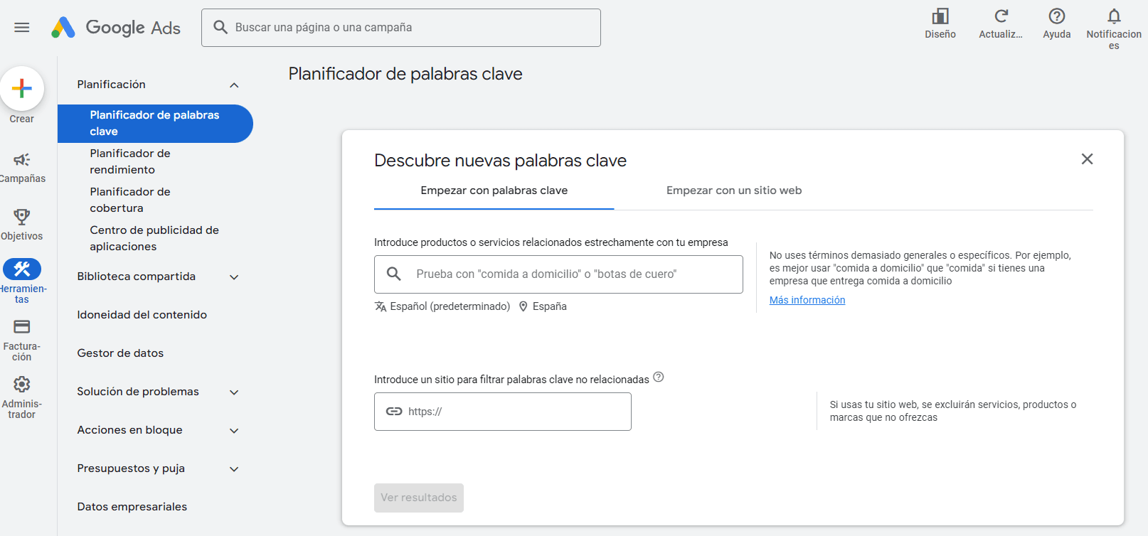Búsqueda de palabras clave con Google Ads