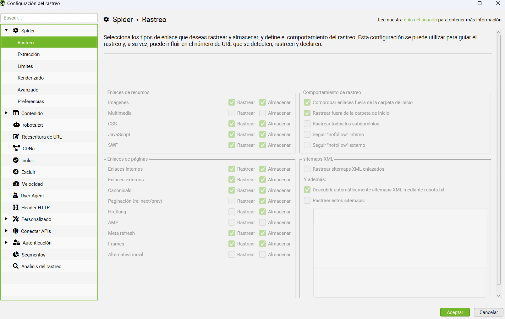 configuracion rastreo screaming frog