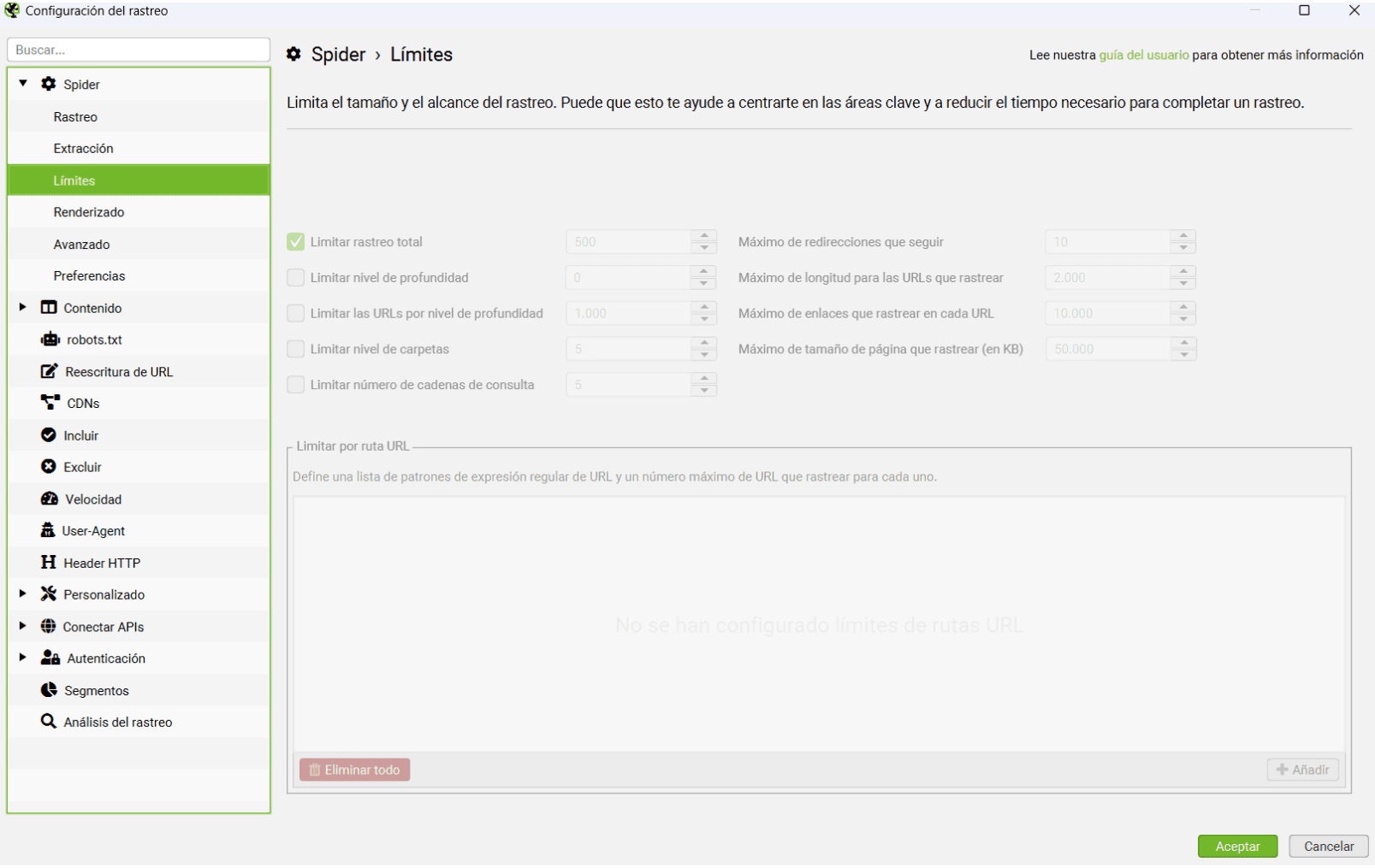 limites rastreo screaming frog