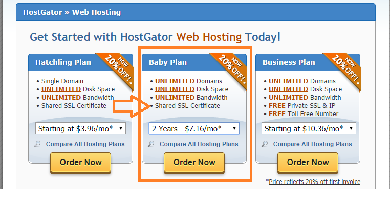 seleccionar plan de hosting en hostgator